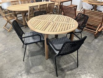 Round Patio Dining Set – FSC Solid Wood Table + Black Cushioned Chairs | BRAND NEW OPEN BOX | Heavy Duty Commercial Grade | Modern Outdoor | Delivery
