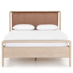 Kathy Kuo Home, Matthew Modern Classic Brown Upholstered Leather Beige Oak Wood Bed-King new open box Retails for $1,920
