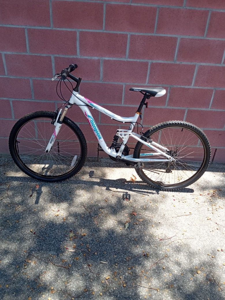 Mongoose Ledge 21 Speed Full Suspension Mountain Bike White Pink Aluminum Frame