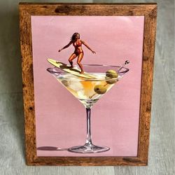 Surfer Martini Glass Pink Vintage Framed Art