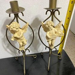 CANDELABROS ANTIGUOS DE BRONCE Y RESINA DISEÑO ANGEL 