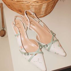 Lulus Marinette Mint Floral Pointed-Toe Kitten Heel Pumps