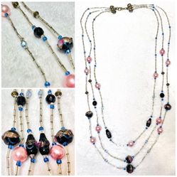 Vintage 3-strand Wedding Cake Beaded Necklace with Bugle Beads & Pink Pearls