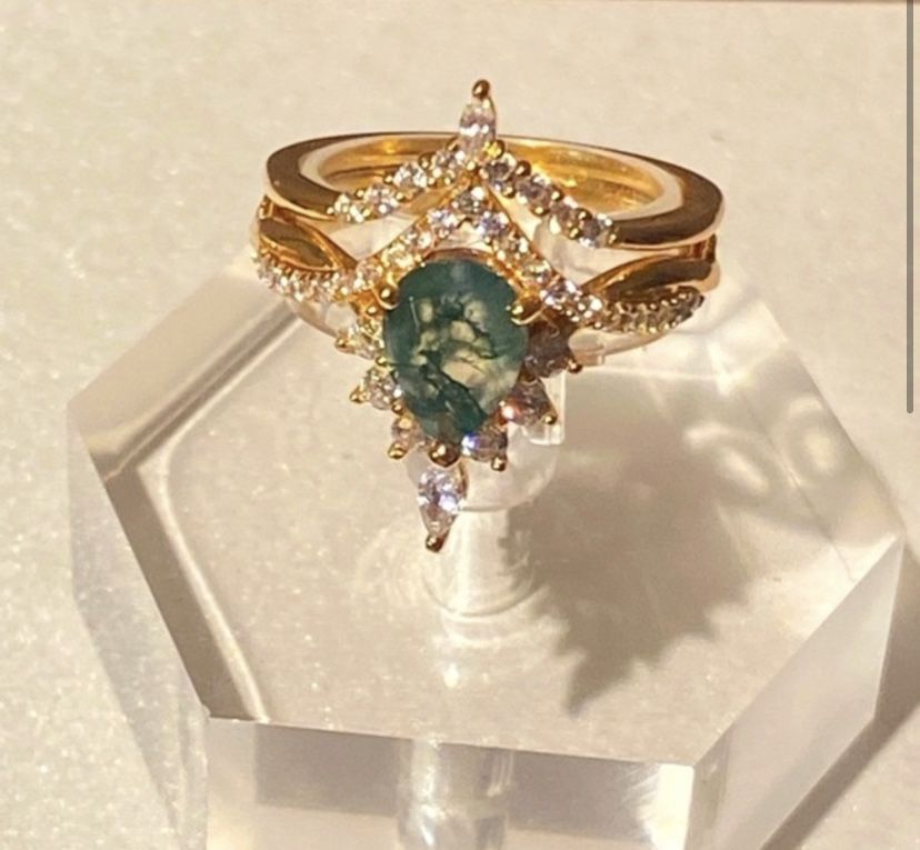 Moss Agate Gold Ring Set 925 Sz 6