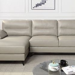 Brand New Taupe Leather Mid Century Modern Style Sectional Sofa 