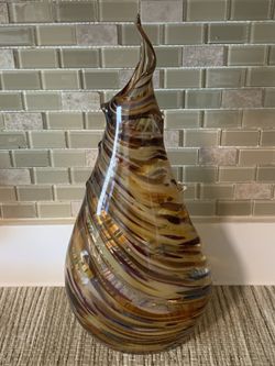 VINTAGE MIDCENTURY MURANO STYLE NEW ORLEANS BLOWN GLASS VASE AMBER BROWN TIGER STRIPE 16” ART DECO BEAUTIFUL ART GLASS