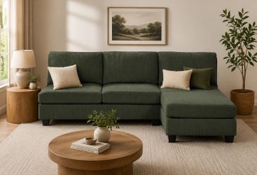 Dark Green Corduroy Sectional with Ottoman