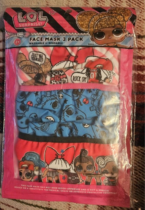 NEW 2020 SEALED OFFICIAL LICENSED KIDS LOL SURPRISE 3 PACK FABRIC FACE MASKS