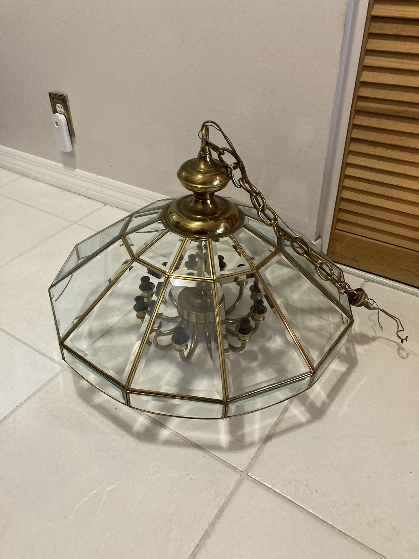 Vintage Brass and Beveled Glass Chandelier w/ 17” Brass Chain | Hanging Light