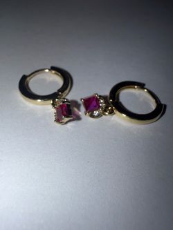 Pink Magenta Stone & Diamond Accent Gold Huggie Dangle Earrings – New
