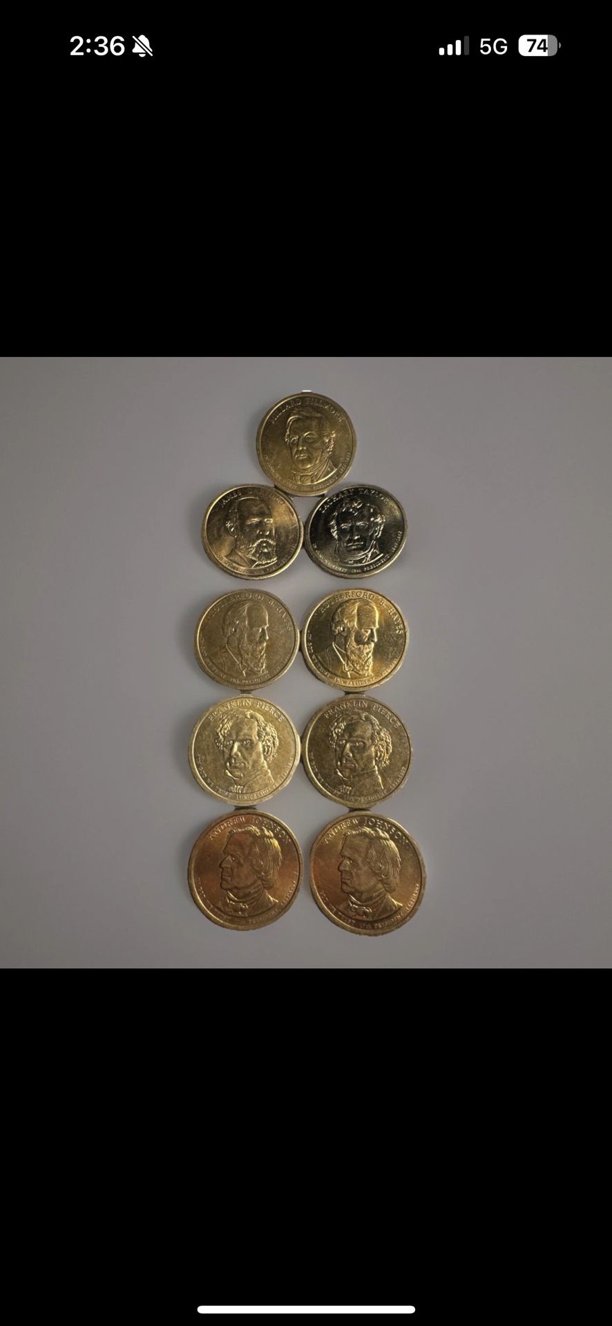 *RARE!*James Garfield,Franklin Pierce, Millard Fillmore, Zachary Taylor, Andrew Johnson, James Garfield, Rutherford B. Hayes - $1 Dollar Gold Tone Coi