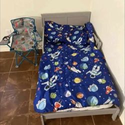 Toddler Bed with Space Bedding, Mattress, And Chair 