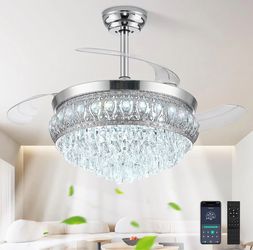 New! 42" Chrome Fandelier Ceiling Fan with Light, Chandelier Fan Retractable Fan, APP/Remote, 3 CCT Dimmable LED, Memory, 6 Speed Quiet DC Motor, Reve