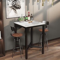 Sintered Stone Bar Table: White Counter Height Dining Table with Black Metal Frame - High Top Pub Tables for Narrow Spaces (Square-Jade Color)