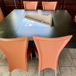 Modern Square Dining Table with 8 Orange Copenhagen Leather Chairs