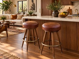 Vintage 1960’s MCM Bar Stools Pair Cognac Vinyl Brass Hollywood Regency Palm Springs