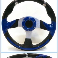The ROP Shop | Universal 13" Steering Wheel Blue/Chrome for Club Car, E-Z-GO & Yamaha Golf Car