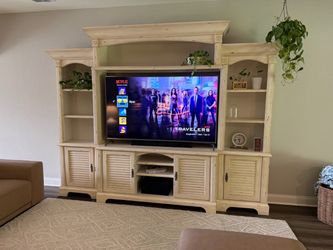 Large Cream Wood Entertainment Center Wall Unit