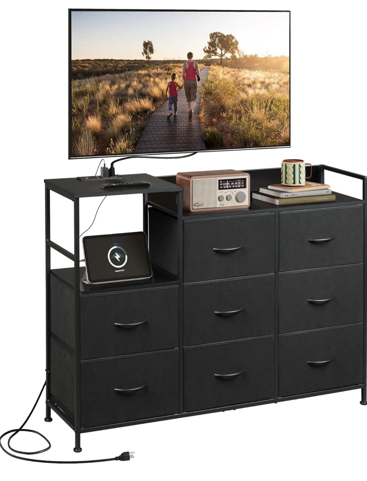 WLIVE Black TV Stand with Charging Station, Entertainment Center with 8 Fabric Drawer, TV Media Console Table Open Storage Shelves, Wood Top for Livin