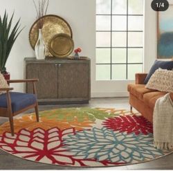 ✨️ R20#6  7'10" Round Indoor  and Outdoor Loomed FloralArea Rug Green -Nourison 📍MA1