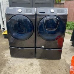 SAMSUNG EXTRA LARGE STEAM 5.0 CU FT FRONT LOAD WASHER WITH ADD ON DOOR AND GAS DRYER SET PEDESTAL INCLUDED 