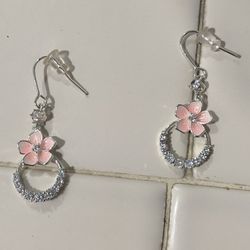 Floral Pink Silver Hoop Earrings