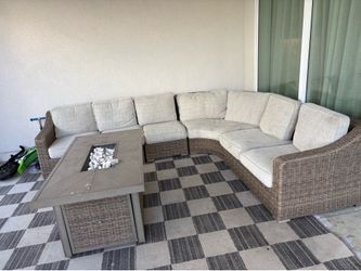Outside sectional sofa and fire pit
