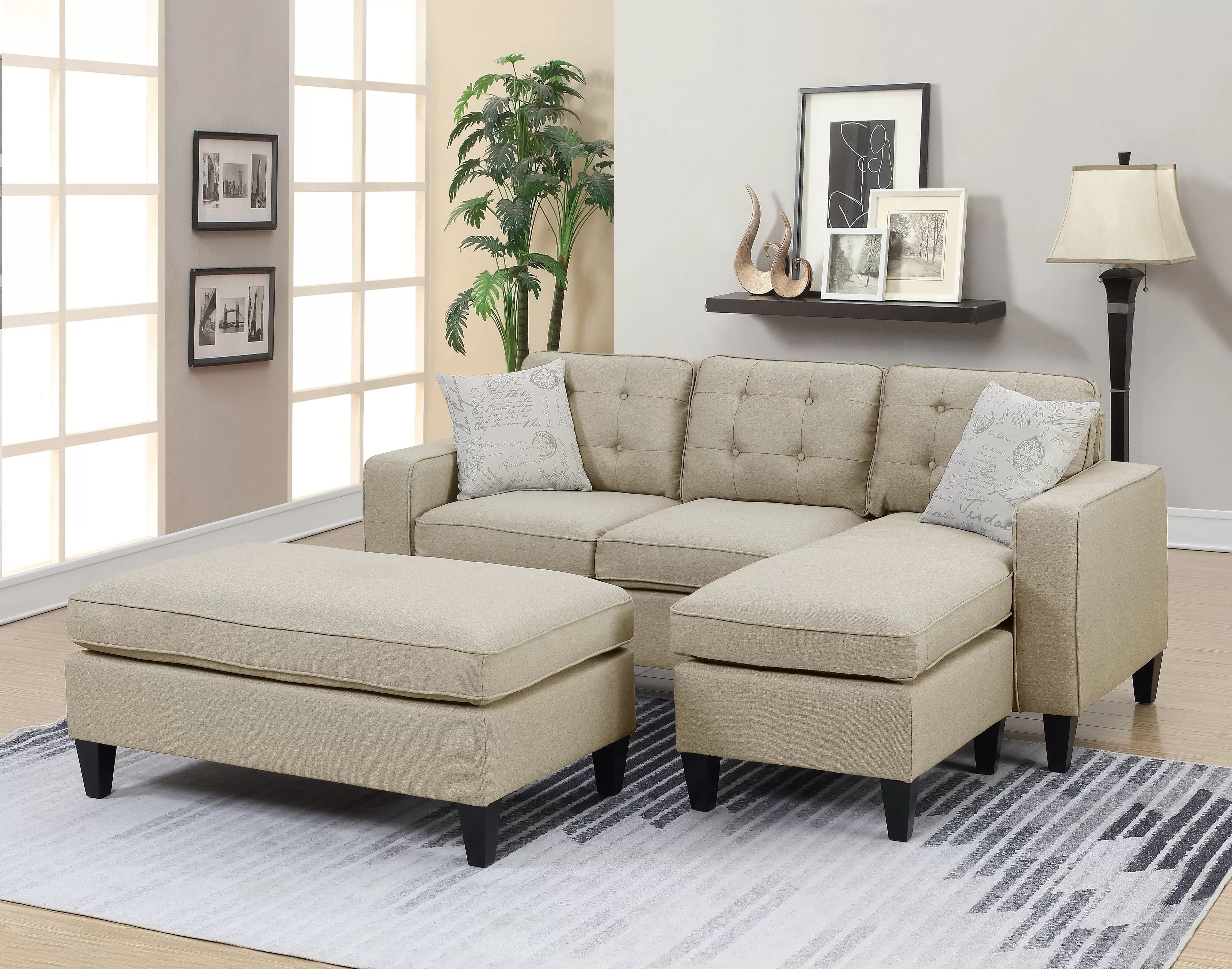 Brand new biege linen reversible sectional with ottoman (81"W x 60" D x 34" H)
