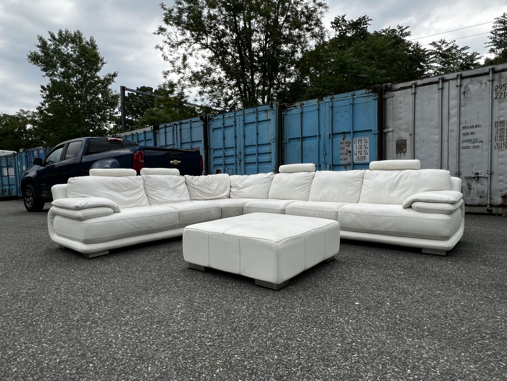Italian Leather Sectional Couch & Ottoman - Mid Century Modern