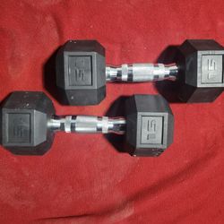 NEW. SET OF 15LB. RUBBER COATED HEXHEAD DUMBBELLS TOTAL 30LBs  11525 S HALSTED DUNKIN DONUTS/7111.S WESTERN WALGREENS
 30$  CASH ONLY AS IS