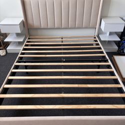 Wayfarer Full Size Bed Frame - Beige Padded Headboard 