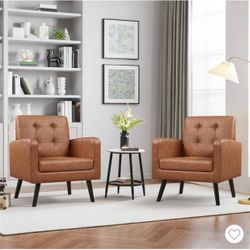 Set of 2 Faux Leather Tufted Back Arm Chair Accent Chair with Solid Wood Legs, Retro Brown