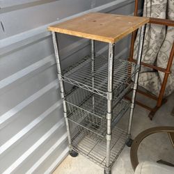 Rolling Metal Shelf Unit with Wood Top – 4 Tiers