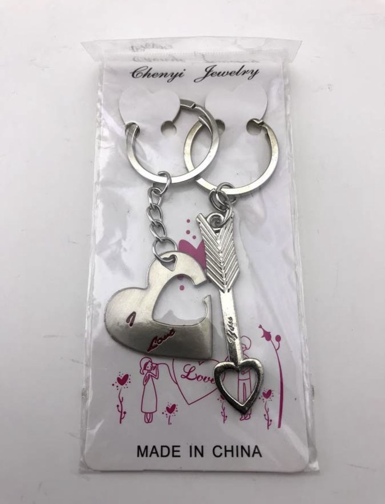 New Silver Colored Love Heart and Arrow Chenyi Jewelry Pair of Key Rings
