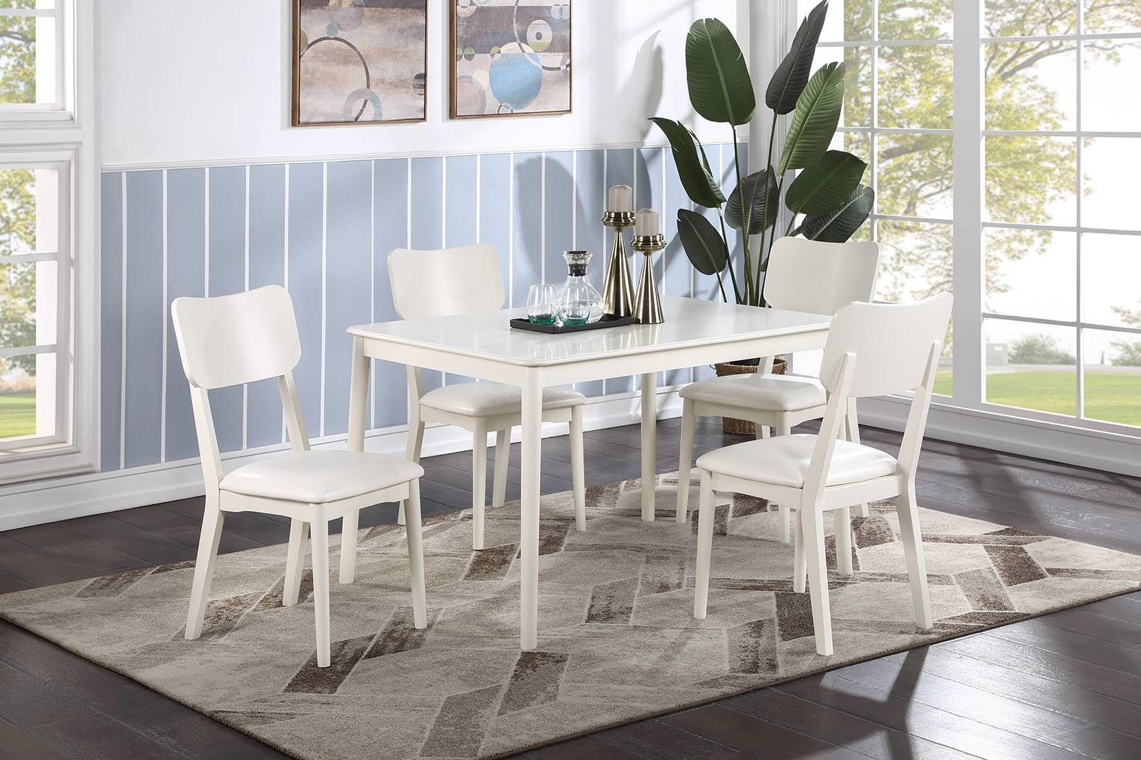 Brand New White 5 Piece Boho Chic Modern Country Barnhouse Dining Set Includes Table And 4 Chairs