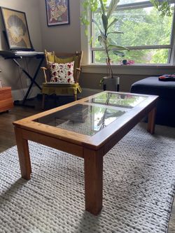 Vintage Danish Rectangle Glass And Wood Coffee Table 
