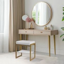 Brand new White Leather And Gold Vanity Stool, Vanity Furniture, Vanity Room, Leather Stool 