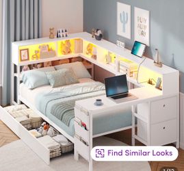 Modern Twin Daybed Frame w/ LED Lights, Charging Station & Storage Drawers – White  DESCRIPTION:   Beautiful modern twin size daybed frame in white wi