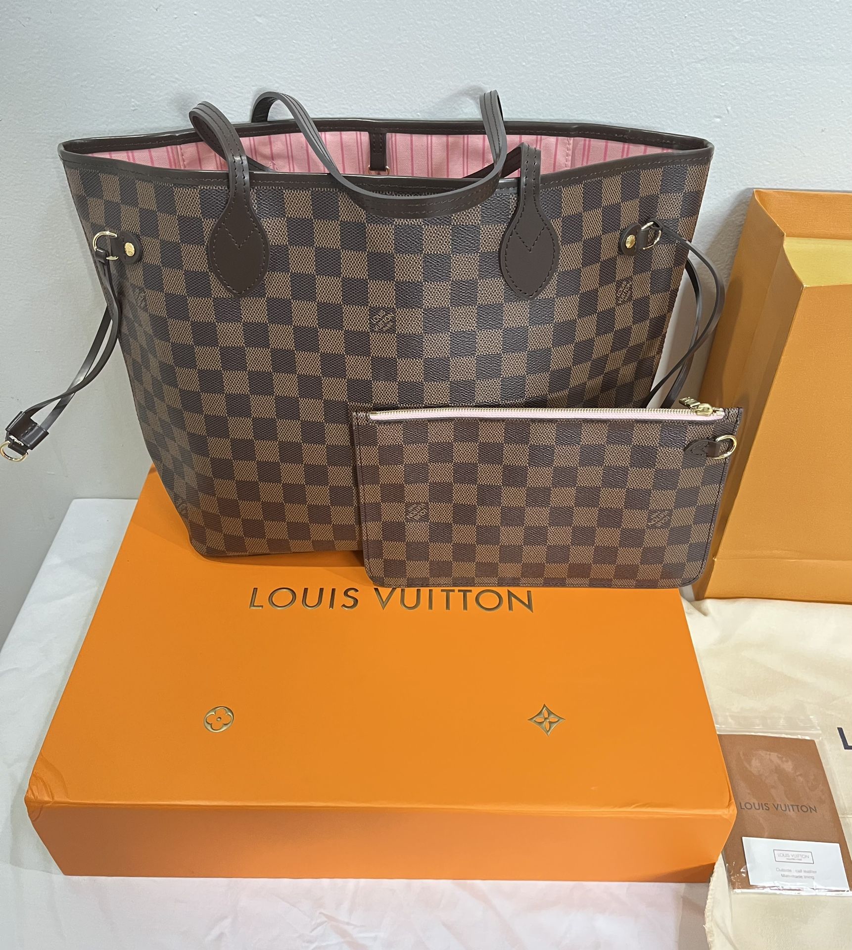 New Authentic Louis Vuitton Ebene Damier Pink/Rose Ballerine Interior Neverfull MM Handbag 