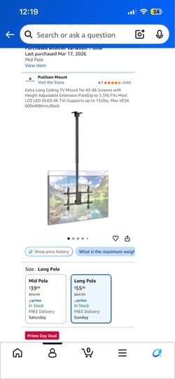 Putilsen Extra Long Ceiling TV Mount (43"–86" Screens) - Adjustable