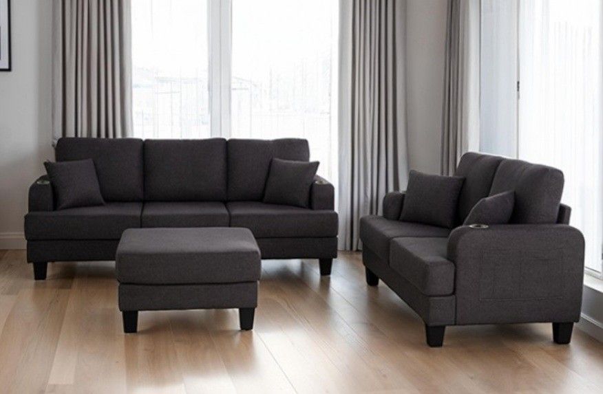 Brand New Dark Grey Sofa & Loveseat w Storage Ottoman