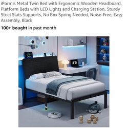 Metal Twin Bed with LED Lights and Charging Station