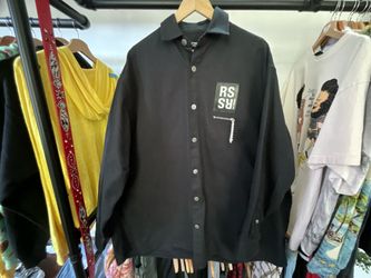 Raf Simons Black Oversized Denim Shirt Big Fit RS Logo Patch Zipper Pocket Overshirt