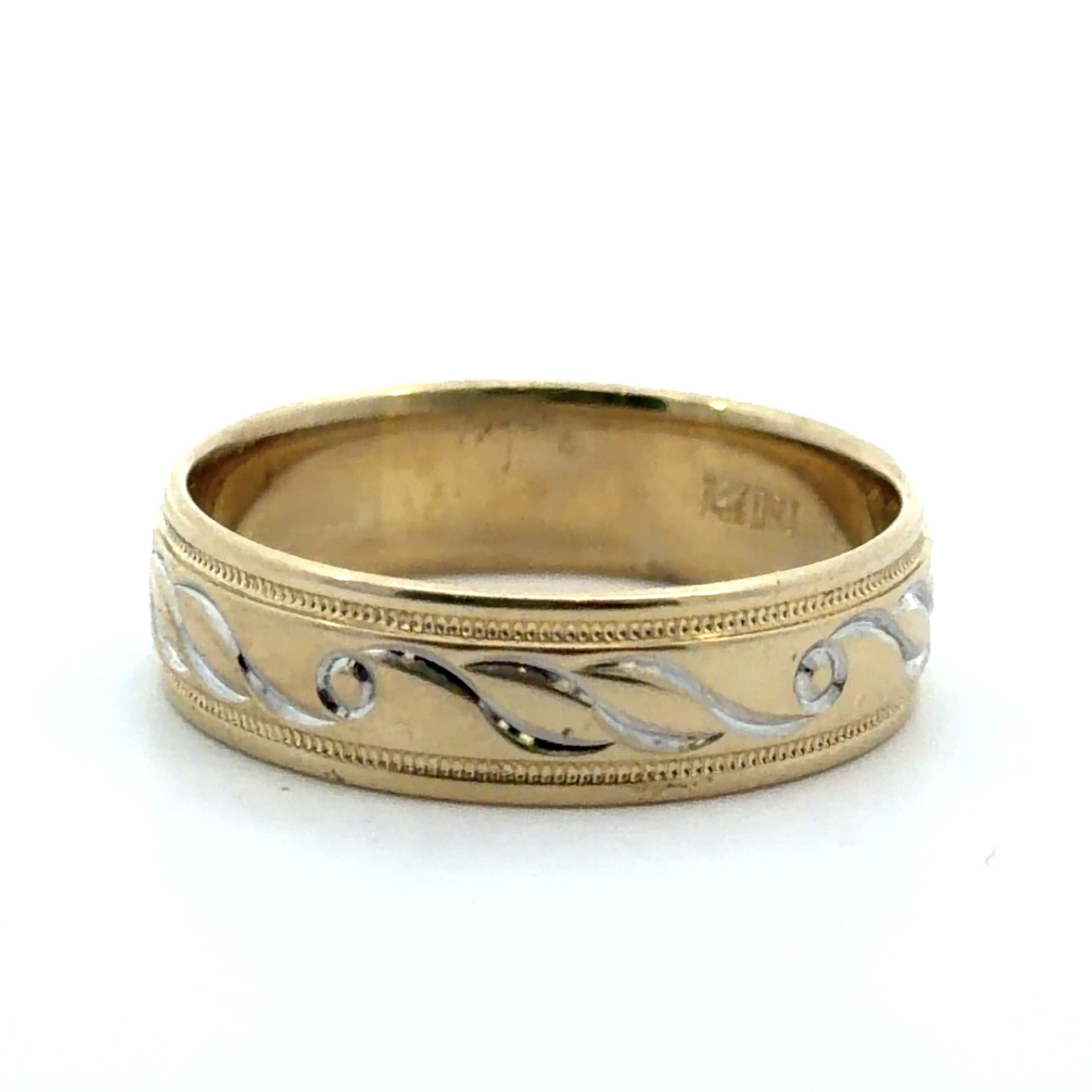 Men’s Woman’s 14k Two Toned White Yellow Gold 6.00mm Comfort Fit Diamond Cut Swirl Milgrain Edge Wedding Band Ring Size 10 GP3124102