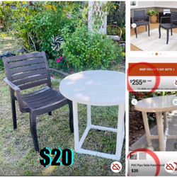$20 Set a Bistro Table and a heavy duty plastic Chair great for Garden or patio