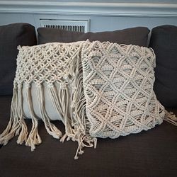 Set 2 Boho Throw Pillow Macrame Cushion Decorative Bed Sofa Couch Bench Home Decor 12 in Off White
