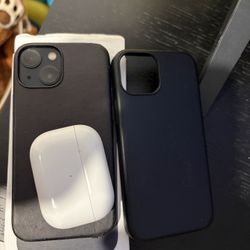 Unlocked iPhone 13 Mini & AirPods Pro Midnight Leather Case Bundle