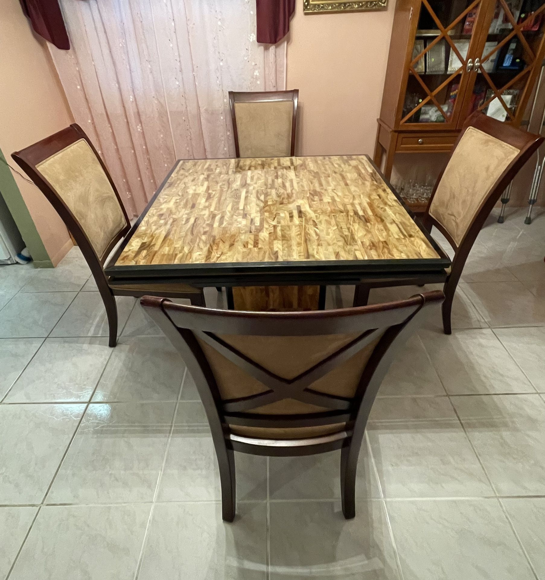 Dining Table of Italian Inlaid Wood  With 4 Chairs