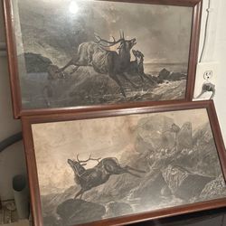 Antique Print Pair Of Deer (Elk?) Hunting Theme