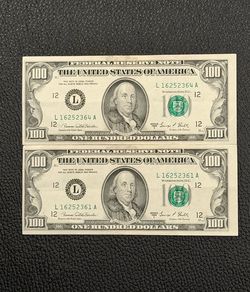 2 100$ Bills 1969 C Series Pristine Condition Uncirculated